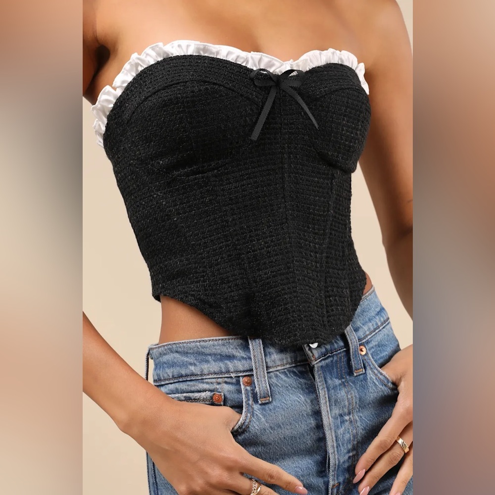 NEW Black Tweed Bustier Ruffled Crop Top - Picture 4 of 5